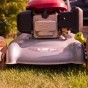 A close up of a lawn mower in the golden hour.