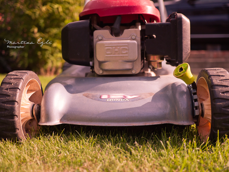 A close up of a lawn mower in the golden hour.