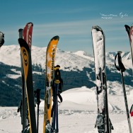 Skis stuck in the snow.