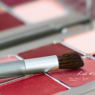 A box of eye shadows in various shades of red.