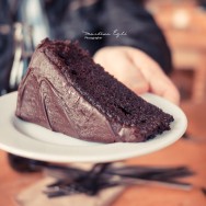 A yummy chocolate cake on a plate.