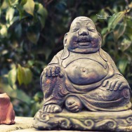 A Buddha statue is sitting next to a sculpture of a frog.