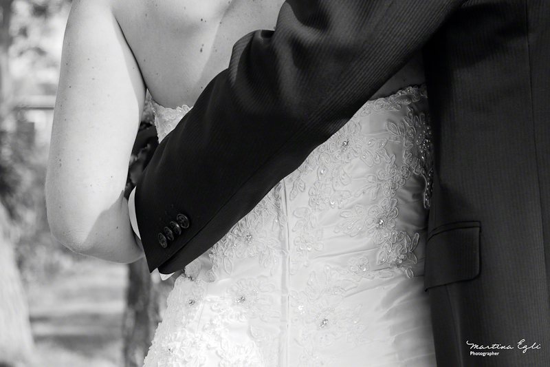 arm in arm Bride and groom stand arm in arm.