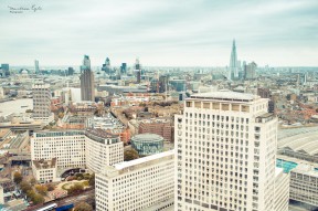 Cityscape of London with St. Pauls Cathedral, the Gherkin and the Shard.