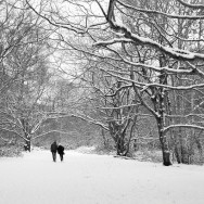 A couple walk in the snow.