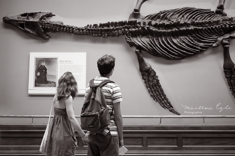 A lovely couple holding hands is looking at a plesiosaur skeleton at the National History Museum.