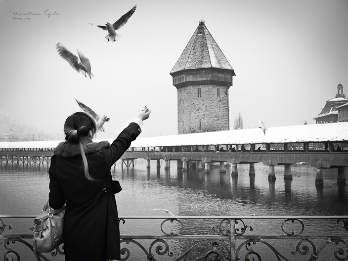 Woman feeding birds at Lake Luzern