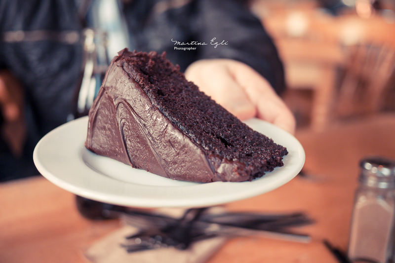 A yummy chocolate cake on a plate.