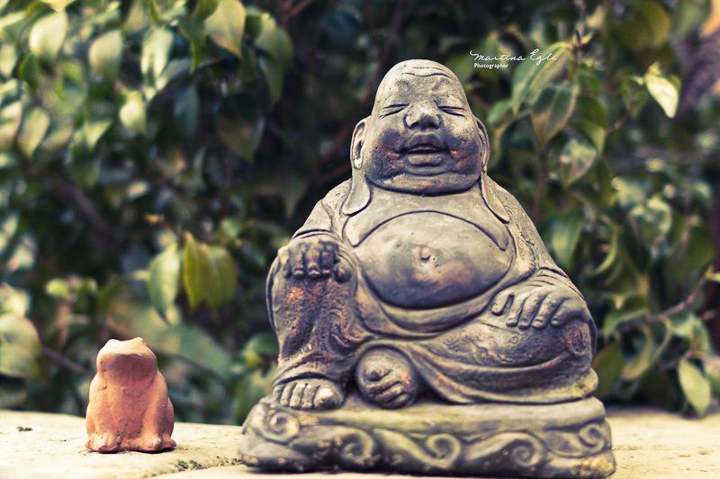 A Buddha statue is sitting next to a sculpture of a frog.