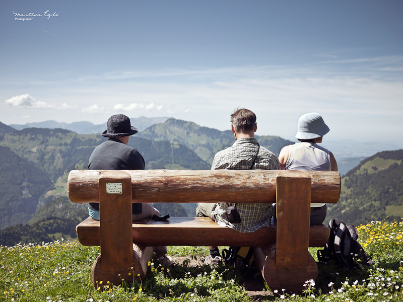 A group of people sit on a bench overlooking the Swiss Alps.