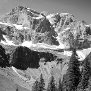 A Black and White image of an Alpine mountain range.