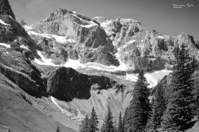 A Black and White image of an Alpine mountain range.
