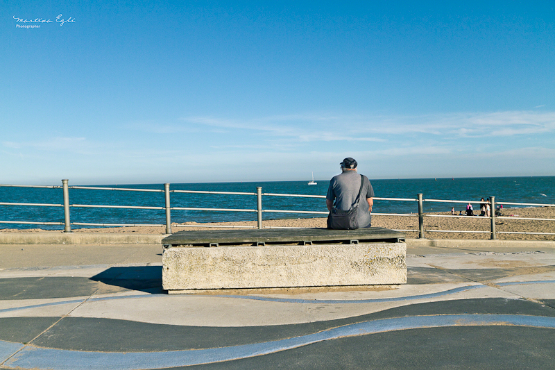 A man sits near a beach and watches ships go sailing by.