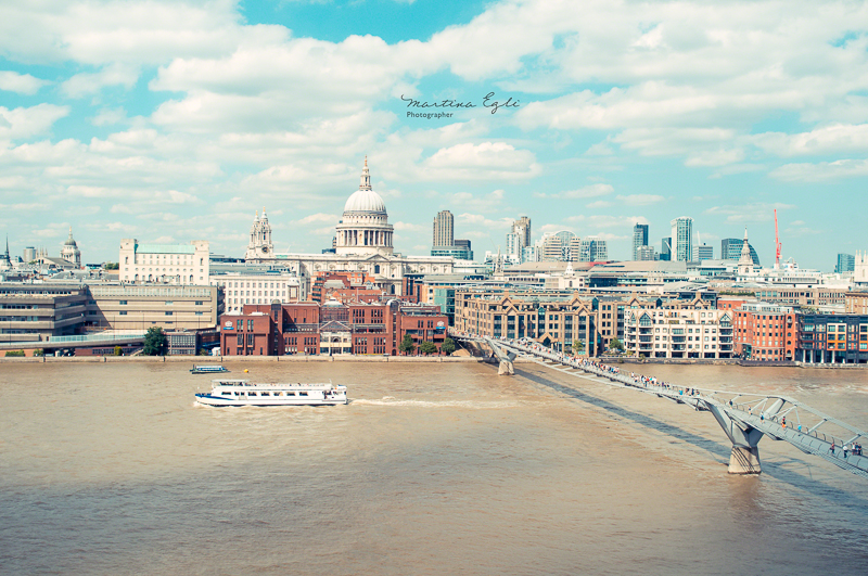 Skyline of London with St. Paul's Cathedral and Millenium Bridge.