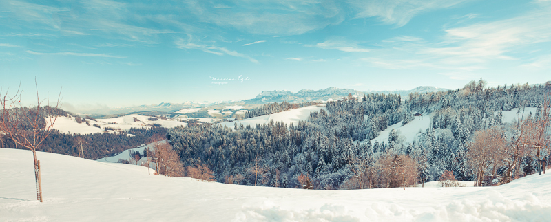 A view of a snowy landscape with mount Pilatus in Switzerland.